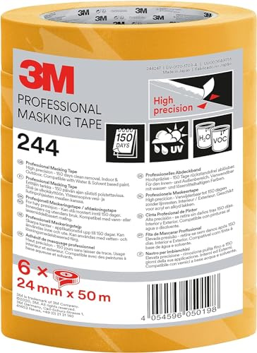 3M Super Malerabdeckband 244, Promo-Pack mit 6 Rollen, 24 mm x 50 m - UV-beständig, Innen und Außen