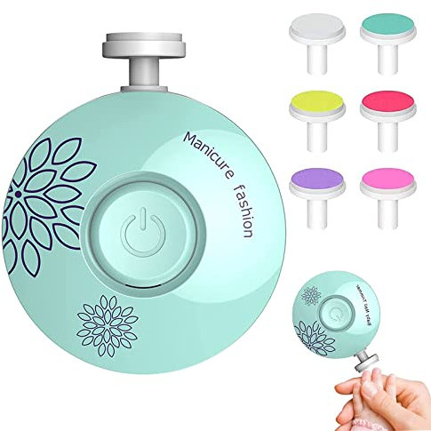 Jinpojun Elektrische Baby Nagelfeile, 6 in 1 Elektrische Nagelfeile, Austauschbare Schleifköpfe, Nagelpflege für Babys für Zehen und Finger (Grün)