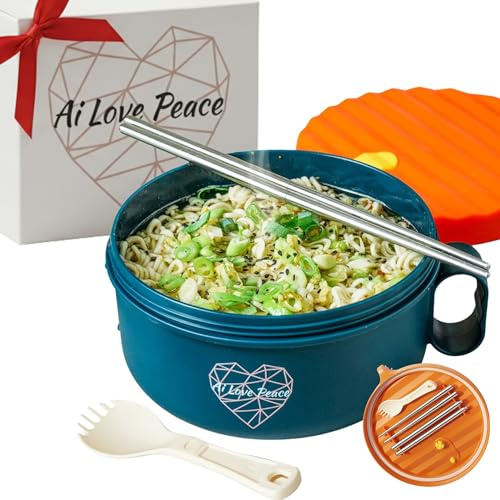 AI LOVE PEACE Microwave Noodle Bowl, BPA-Free 1200ml Soup Mug with Handles, Portable Ramen Container for Students & Offices, Orange