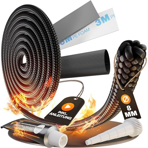 Ofen Dichtschnur 8mm - Komplettset mit Anleitung und Erklärvideo - Kamin Dichtband für Ofen oder Kamin - Ofendichtband feuerfest inkl. aller Ersatzteile für Kaminofen mit Kleber für Ofendichtung 8 mm