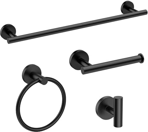 USHOWER Matte Black Bathroom Hardware Set, Modern 24-Inch Towel Bar Set Wall Mounted, Durable SUS304 Stainless Steel Bathroom Accessories Set, 4-Piece