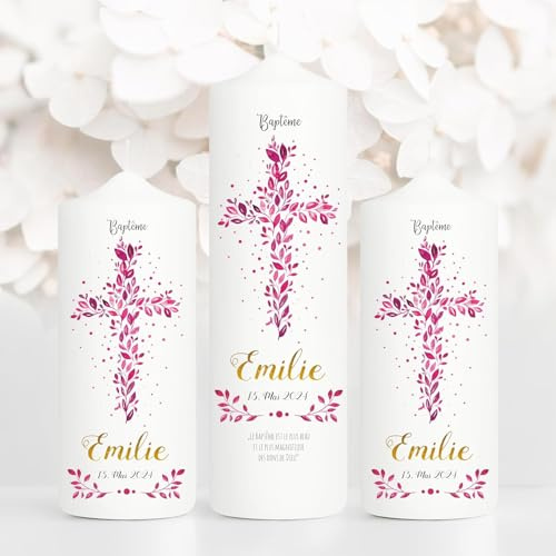 Taufkerze Junge Mädchen Baum Heiliges Kreuz pinke Blätter Kerze zur Taufe mit Namen, Datum und eigenem, vorgegebenem oder keinem Taufspruch, 1 Taufk. + 2 Patenk.