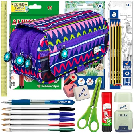 ColePack Design - Trippel skolväska set med 3 dragkedjor och skoltillbehör från stora märken ingår, Bb_sicksack