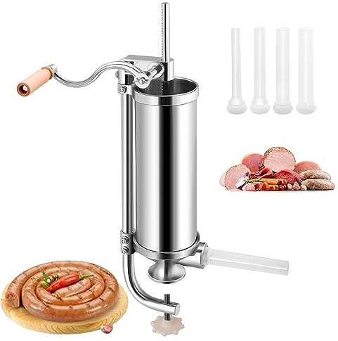 LeGDOr 3L Commercial Sausage Stuffer Machine, Vertical Manual Meat Stuffing Filler with 4 Filling Tubes, Suction Base and Manual Crank, Homemade Stainless Steel Sausage Maker