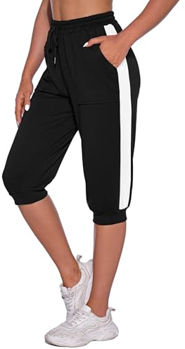 Nieery Damen Jogginghose 3/4 Sommer Sporthose Caprihose Laufhose Freizeithose Sweathose Trainingshose mit Taschen und Gürtel