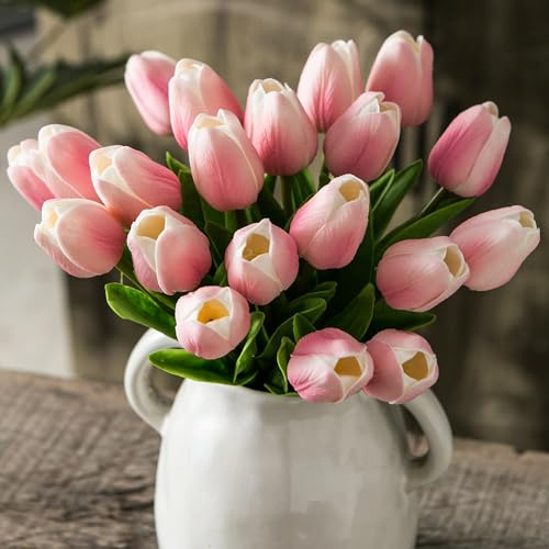 Tanvecle 20 tulipani artificiali rosa e bianchi, fiori finti in seta, 33 cm, per festa della mamma, Pasqua, San Valentino, regali sfusi, casa, cucina, decorazioni per matrimoni