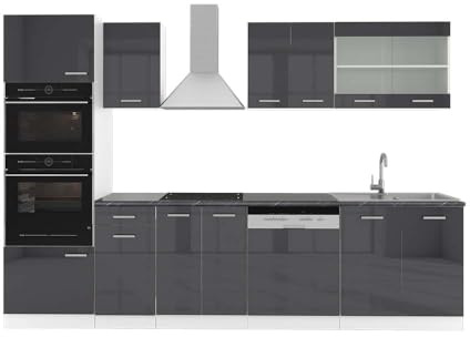 Vicco Küchenzeile R-Line, Anthrazit Hochglanz, 300 cm | 8 Module · Höhenverstellbare Füße · AP Anthrazit inkl. · Robuste Fronten · Mit Backofen-/Mikrowellenschrank