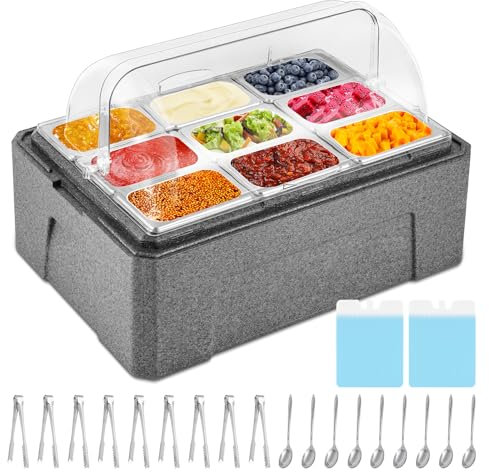 Tragaomx Insulated Cold Food Buffet Ice Serving Tray with Lid Insulation Box 9 Pans 2 Ice Packs Cooled Condiment Serving Container Ice Platter Food Cooler for Parties Buffets Fruit
