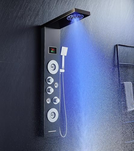 KINKIBOS Torre de ducha con mezclador, columna de ducha de 6 funciones con pantalla LED de temperatura, lluvia y niebla, 2 modos de chorros de masaje, auricular y boquilla de baño, panel de ducha de