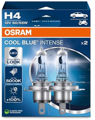 OSRAM COOL BLUE INTENSE H4, +100% di luminosità in più, fino a 5.000 K, lampada frontale alogena, aspetto LED, scatola pieghevole sospesa (2 lampade)