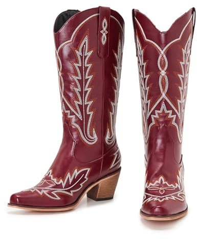 COOLCEPT Women Western Cowboy Boots Embroidered Mid Calf Cowgirl Boots Pull on