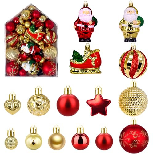 72 Pièces Boule de Noel Decoration, Boîte de Boules de Noël en Plastique Incassable Decoration Sapin Boules Noel avec Lanière, Arbre de Noël fête de Mariage Décor, Réutilisables [Rouge+Or]