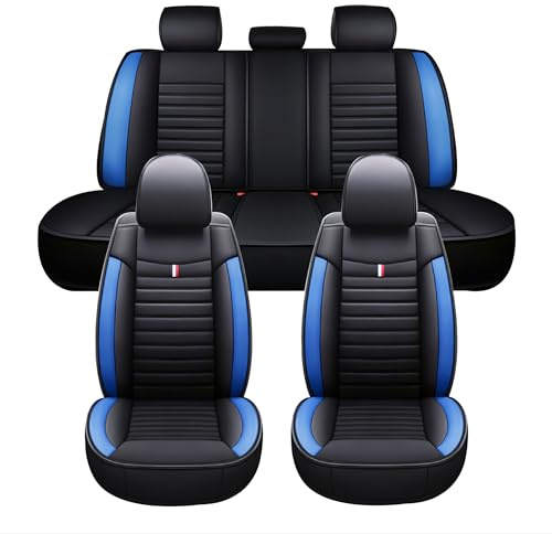 Komplettes Autositzbezug-Set, Abriebfest, Schützt Vor Haustierkratzern & Fell, Unentbehrlich Für Lange Reisen, Wasserdichter PU-Leder-Sitzbezug, Für Autos, SUVs, Limousinen & LKWs (Blaue Querstreifen)
