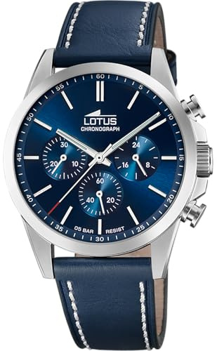 LOTUS Reloj Hombre Analógico de Cuero Azul - Movimiento de Cuarzo - Cronógrafo - Cristal Mineral de Alta Resistencia - Resistente al Agua 5 ATM Elegante 18990/2 Chrono