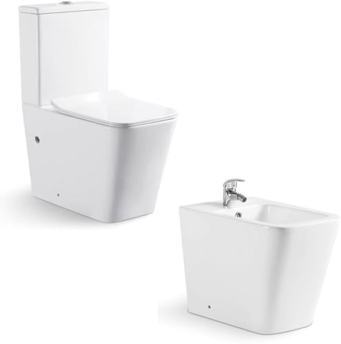 Inodoro Completo Rimless (Pack Paris, INODORO + BIDÉ) | WC Suelo con Salida Dual Horizontal · Váter de Porcelana Blanca · Doble Descarga 3/6