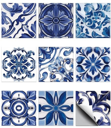 CHGCRAFT 36pcs 9 Styles Blue Relief Peel and Stick Tile Stickers Mosaic Style Removable Wall Decals Self Adhesive Tile Wallpaper for Kitchen Bathroom Toilet Living Room, 4x4 Inches
