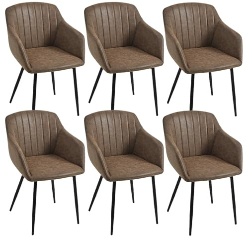 Goeurvant Esszimmerstuhl 6er Set mit Armlehne, Stühle Esszimmer, Polsterstühle aus Kunstleder, Küchenstuhl mit Metallbeine und Rückenlehne, Dunkelbraun