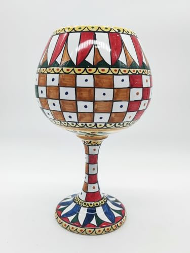Copa de vino de cerámica de Caltagirone, decoración artesanal con abanico azul y naranja, estilo siciliano