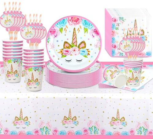 65 Pcs Einhorn Partygeschirr Set, Geburtstag Deko Partygeschirr Set, Einhorn Geburtstag Geschirr, Einhorn Teller Becher Servietten Tischdecke Strohhalme, Partygeschirr Kindergeburtstag für 16 Gäste
