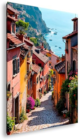 deyoli Leinwandbild Mediterranes Idyll – Bunte Gassen mit Blick aufs Meer. Format: 70x50cm XXL Kunstdruck Bild auf Holzrahmen/Wandbild/Wohnzimmer Dekoration