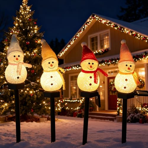 TECKZOON 4 Piezas Luces Solares de Muñeco de Nieve para Exterior, Luces Navideñas LED Resistentes a la Intemperie con Figuras de Muñecos de Nieve para Senderos, Patios, Terrazas y Decoración de Jardín