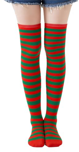 XDGBGFN Overknees strumpor dam bomull knästrumpor randiga overknee strumpor cosplay kostym, Röd och grön, one size