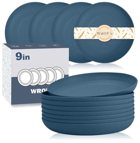 Wrova Plastic Plates 9 Inch | Set of 8 | Reusable Deep Plate Set Unbreakable Plates for Salad, Fruit, Chip - Dishwasher & Microwave Safe Plate for Kitchen - Blue