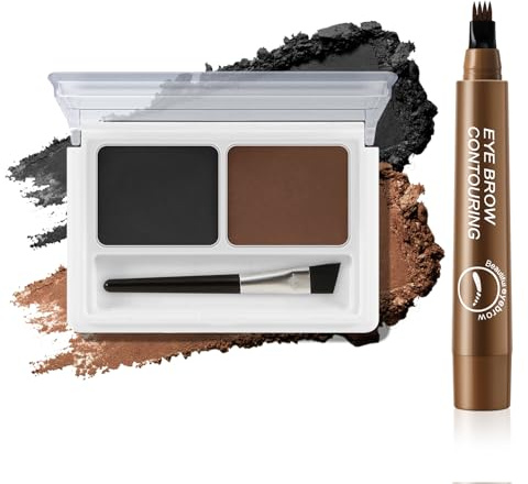 Boobeen - Juego de cejas en polvo de 2 colores y lapiz de cejas de 4 tenedores, resistente al agua y a prueba de manchas para cejillas naturales esponjosas, kit de polvo para cejillas con brocha