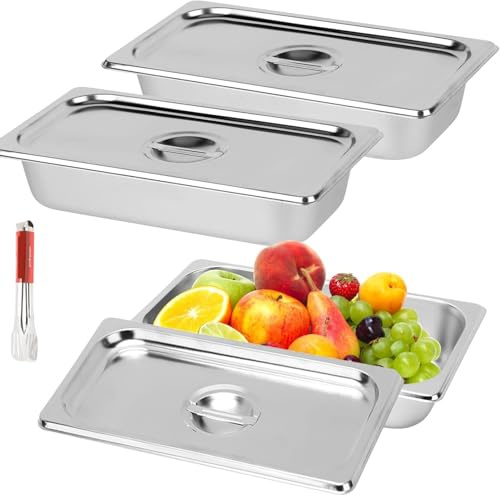 3 Pièces Plat Inox Rectangulaire avec Couvercle – Bac Inox Alimentaire pour Four, Gratin, Barbecue, Cuisine Maison ou Restaurant