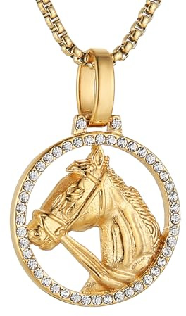 AsAlways Collier en acier inoxydable avec tête de cheval pour homme et femme Style hip-hop Doré, Acier inoxydable, Zircone cubique
