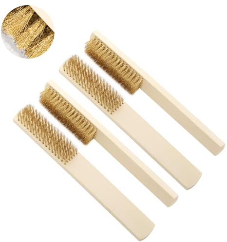 4PCS Brass Wire Brush Set with Wooden Handle, Heavy Duty Rust and Paint Removal Brushes for Stove, Sink, Footwear, Apparel, Carpets, and Industrial Cleaning
