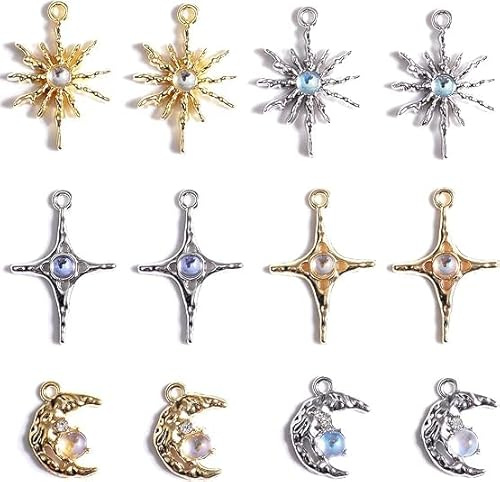 VelvetGlow 60 Stück Schmuck Himmlische Charms Set, Silber & Gold überzogen Mond Stern Sonne Anhänger, DIY Schmuck Herstellung Zubehör