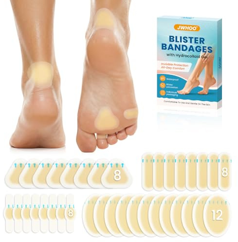 JWHOO Blister Bandages for Feet - 36 Pcs Hydrocolloid Blister Bandages, Waterproof Blister Pads Blister Cushions for Feet Toes Heels Blister Prevention & Recovery (4 Shape Variety Pack)