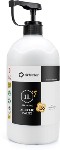 Artecho Acrylfarbe 1L(1000ml) Titanweiß, wasserfeste Künstlerfarbe | Ergiebige 1L Flasche: hochpigmentiert, deckend, lichtecht & schnell trocknend, Ideal für Leinwand, Holz, Stein, Stoff