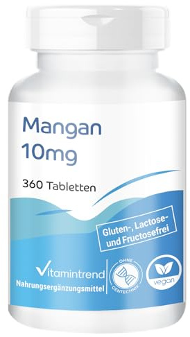 Vitamintrend Manganese 10mg, 360 compresse, 10mg per compressa, ad alto dosaggio, integratore alimentare vegano senza magnesio stearato, prodotto in Germania