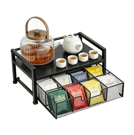Yuecda Tea Bag Organizer, Wood Tea Organizers and Storage Chest, Teabag Holder with Storage Drawer,Tea Station Chest Display Container Box for Countertop Kitchen, black