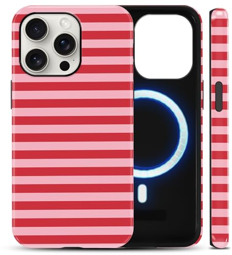 Niokfrci Righe Cover Magnetica per iPhone 15 Pro Max 6,7, Compatibile con Magsafe Custodia Aesthetic Rosso Rosa Estivi Striped Disegno Design Motivo Antiurto Glitter Silicone Posteriore Ragazze Case