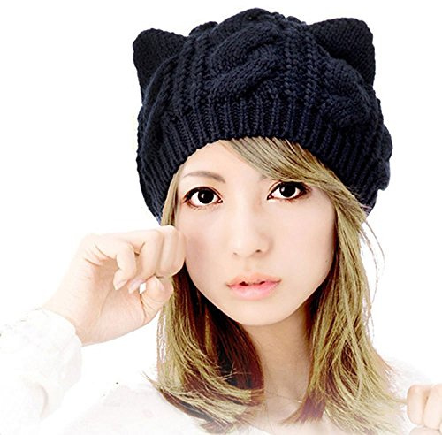 Tuopuda® Katze Ohren geformt Damen Mädchen häkeln Stricken Ski Hut Warm Beanie Wollmütze Wintermütze Strickmütze (Schwarz Katze Ohren)