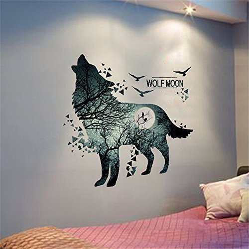 XiLi Joy Wolf Mond Wandsticker Kunst Wandaufkleber Entfernbare Wandtattoos Wandbilder Hausdekoration für Schlafzimmer Wohnzimmer Junge Mädchen Babyzimmer kinderzimmer - TZ5280097