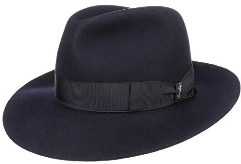 Borsalino Breitrand Bogarthut Haarfilzhut Filzhut Herrenhut Damen/Herren - Bogart Hut mit Futter, Ripsband Frühling-Sommer Herbst-Winter - 62 cm blau