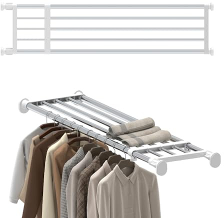 Hershii Adjustable Wardrobe Tension Shelf Divider Heavy Duty Expandable Clothes Hanging Rail Extra Long Cupboard Closet Organizer Garment Storage Rack for Bathroom, Kitchen, Plant Stand, Bookshelf