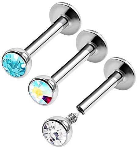 KJM FASHION 3 Stk Edelstahl Labret 1,2mm 16g Kristallkugel Ohrringe