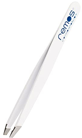 remos - pinzette per le sopracciglia in acciaio inox con rivestimento bianco - punta obliqua - 9 cm
