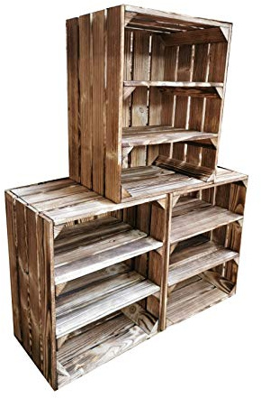 Teramico Holzkiste geflammt 50x40x30cm Set (3er Set, 2 x Ablage Kurz) | Neu geflammte Obstkisten; aus Handarbeit; mit festen Zwischenböden; ideal für Aufbewahrung, den Möbelbau und Dekoration.