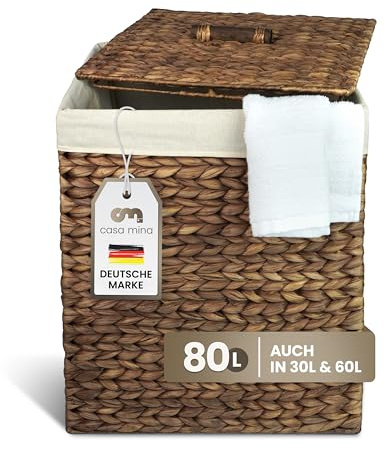 Casa Mina® Wäschekorb mit Deckel 44 x 35 x 54cm hoch I Atmungsaktiver Wäschekorb geflochten aus 100% Naturfaser I Robuster Wäschesammler mit Griffen & waschbarem Innensack I Wäschekörbe - Busan