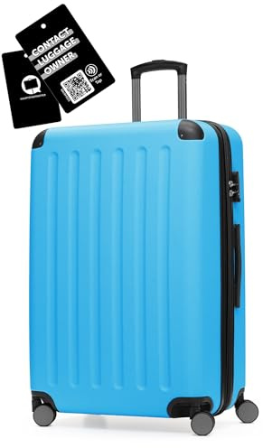 Hauptstadtkoffer Spree - Großer Hartschalen-Koffer + Digitaler Kofferanhänger, TSA, 4 Doppel-Rollen, Trolley, Rollkoffer, Reisekoffer, Volumenerweiterung, 75 cm, 119 Liter, Cyanblau