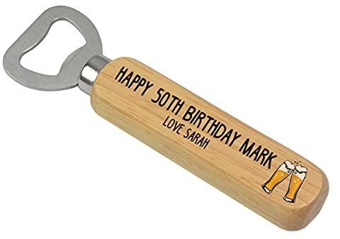 Happy 50th Gifts for Him, Dad, Grandad - PERSONALISED 18th, 21st, 30th, 40th, 60th Birthday Gifts for Men, Son, Brother, Uncle, Boyfriend - ANY AGE and NAME - CUSTOM Wooden Beer Drinks Bottle Opener