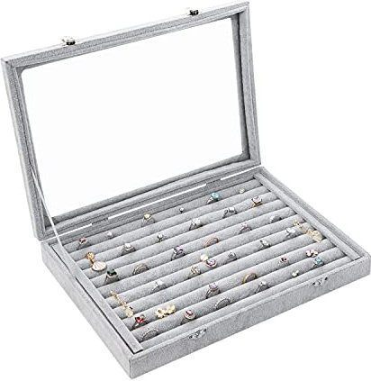 Yewclls Jewelry Organizer Schmuckkasten Grau, Samt Box Glas Deckel & 30 Fächer – Schmuckaufbewahrung Stapelbar Schmuckschatulle Schubladen Verstellbar für Ringe (Ringschachtel)