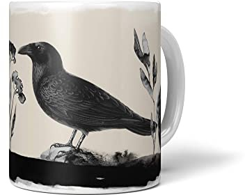 Paul Sinus Dekorative Tasse mit schönem Vogel Motiv Rabe Schwarz Vollmond Mond Dunkel Wasserfarben