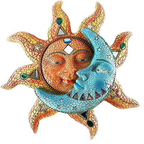Decorazione murale in metallo Sole e luna da appendere da 29,5 cm per il giardino, decorazione murale in ferro – Sole e luna 3D – Scultura murale in metallo (blu)